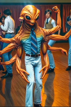 Hyperrealism of a surreal image of a sci-fi character dancing at a 1970s school dance, with multiple muscular arms and a large, expressive head of an alien animal. The character wears classic jeans and a shirt with a striped tie, and is in an animated dance pose. The mood is retro, with other dancers in the background, capturing the essence of a dance scene from that era but with a fantastic, surreal twist., masterpiece, best quality, highly detailed, sharp focus, UE5, HDR, 16k