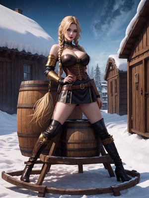 A woman, wearing a Viking warrior costume, golden armor with a black chest plate, black skirt with golden accessories, brown leather boots with velvet, very tight on her body, has gigantic breasts. She is wearing a helmet, her hair is blonde, long to the shoulders, with braids and two pigtails. She has a very large fringe in front of her right eye and is looking straight at the viewer. The woman is in a Viking village with a lot of snow at night, with many wooden structures, wolves, warning signs, barrels and carts. There are many rocky structures. (A woman striking a sensual pose with interaction and leaning on anything, structure, on something). Maximum sharpness, UHD, 16K, anime style, best possible quality, ultra detailed, best possible resolution, (full body:1.5), Unreal Engine 5, professional photography, perfect_thighs, perfect_legs, perfect_feet, perfect hand, fingers, hand, perfect, better_hands, more detail