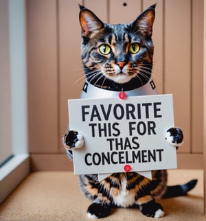 A robotic cat holding a written sign. "Favorite this for concealment"