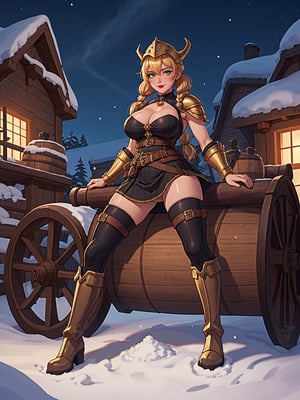 A woman, wearing a Viking warrior costume, golden armor with a black chest plate, black skirt with golden accessories, brown leather boots with velvet, very tight on her body, has gigantic breasts. She is wearing a helmet, her hair is blonde, long to the shoulders, with braids and two pigtails. She has a very large fringe in front of her right eye and is looking straight at the viewer. The woman is in a Viking village with a lot of snow at night, with many wooden structures, wolves, warning signs, barrels and carts. There are many rocky structures. (A woman striking a sensual pose with interaction and leaning on anything, structure, on something). Maximum sharpness, UHD, 16K, anime style, best possible quality, ultra detailed, best possible resolution, (full body:1.5), Unreal Engine 5, professional photography, perfect_thighs, perfect_legs, perfect_feet, perfect hand, fingers, hand, perfect, better_hands, more detail
