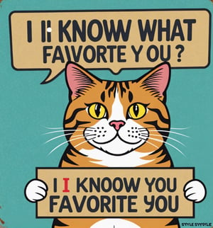 ((Cartoon Style)). | A cat with a suspicious look, holding a sign saying "I know what you do after you favorite", 