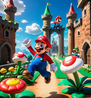 ((Cartoon-style image combined with Unreal Engine 5, rendered in ultra-high resolution with realistic details and textures.):1.3). | Cover of the game Super Mario World. | The cover shows (((Mario and Luigi))) in a dynamic pose, running and jumping in a colorful and vibrant setting. In the background, there is a medieval-style castle, with red and yellow flags flying high. The sky is clear blue, with round white clouds scattered across it. Surrounding Mario and Luigi are several of the game's enemies, such as Goombas, Koopas, and Piranha Plants, adding an element of danger and adventure to the scene. | The lighting is bright and colorful, highlighting the details of the characters and the setting. The composition is balanced and dynamic, with Mario and Luigi at the center of the scene, while enemies and the castle extend to the sides. | An exciting and fun scene, capturing the essence of the Super Mario World game. | ((perfect anatomy, perfect body)), ((more_than_one_pose, perfect_pose)), ((perfect fingers, better hands, perfect hands, perfect legs, perfect feet)), ((perfect design)), ((correct errors): 1.2), ((perfect composition)), ((very detailed scene, very detailed background, correct imperfections, perfect layout):1.2), ((More Detail, Enhance)), Perfect Hands