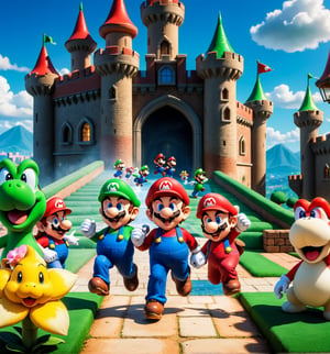 ((Cartoon-style image combined with Unreal Engine 5, rendered in ultra-high resolution with realistic details and textures.):1.3). | Cover of the game Super Mario World. | The cover shows (((Mario and Luigi))) in a dynamic pose, running and jumping in a colorful and vibrant setting. In the background, there is a medieval-style castle, with red and yellow flags flying high. The sky is clear blue, with round white clouds scattered across it. Surrounding Mario and Luigi are several of the game's enemies, such as Goombas, Koopas, and Piranha Plants, adding an element of danger and adventure to the scene. | The lighting is bright and colorful, highlighting the details of the characters and the setting. The composition is balanced and dynamic, with Mario and Luigi at the center of the scene, while enemies and the castle extend to the sides. | An exciting and fun scene, capturing the essence of the Super Mario World game. | ((perfect anatomy, perfect body)), ((more_than_one_pose, perfect_pose)), ((perfect fingers, better hands, perfect hands, perfect legs, perfect feet)), ((perfect design)), ((correct errors): 1.2), ((perfect composition)), ((very detailed scene, very detailed background, correct imperfections, perfect layout):1.2), ((More Detail, Enhance)),Perfect Hands
