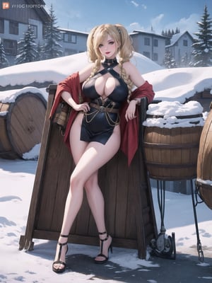 A woman, wearing Thor's costume, very tight on her body, has gigantic breasts. She is wearing a helmet, her hair is blonde, long to the shoulders, with braids and two pigtails. She has a very large fringe in front of her right eye and is looking straight at the viewer. The woman is in a Viking village with a lot of snow at night, with many wooden structures, wolves, warning signs, barrels and carts. There are many rocky structures. (A woman striking a sensual pose with interaction and leaning on anything, structure, on something). Maximum sharpness, UHD, 16K, anime style, best possible quality, ultra detailed, best possible resolution, (full body:1.5), Unreal Engine 5, professional photography, perfect_thighs, perfect_legs, perfect_feet, perfect hand, fingers, hand, perfect, better_hands, more detail