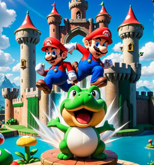 ((Cartoon-style image combined with Unreal Engine 5, rendered in ultra-high resolution with realistic details and textures.):1.3). | Cover of the game Super Mario World. | The cover shows (((Mario and Luigi))) in a dynamic pose, running and jumping in a colorful and vibrant setting. In the background, there is a medieval-style castle, with red and yellow flags flying high. The sky is clear blue, with round white clouds scattered across it. Surrounding Mario and Luigi are several of the game's enemies, such as Goombas, Koopas, and Piranha Plants, adding an element of danger and adventure to the scene. | The lighting is bright and colorful, highlighting the details of the characters and the setting. The composition is balanced and dynamic, with Mario and Luigi at the center of the scene, while enemies and the castle extend to the sides. | An exciting and fun scene, capturing the essence of the Super Mario World game. | ((perfect anatomy, perfect body)), ((more_than_one_pose, perfect_pose)), ((perfect fingers, better hands, perfect hands, perfect legs, perfect feet)), ((perfect design)), ((correct errors): 1.2), ((perfect composition)), ((very detailed scene, very detailed background, correct imperfections, perfect layout):1.2), ((More Detail, Enhance)), Perfect Hands