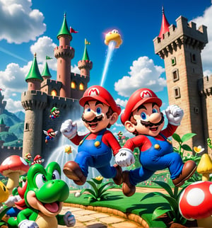 ((Cartoon-style image combined with Unreal Engine 5, rendered in ultra-high resolution with realistic details and textures.):1.3). | Cover of the game Super Mario World. | The cover shows Mario and Luigi in a dynamic pose, running and jumping in a colorful and vibrant setting. In the background, there is a medieval-style castle, with red and yellow flags flying high. The sky is clear blue, with round white clouds scattered across it. Surrounding Mario and Luigi are several of the game's enemies, such as Goombas, Koopas, and Piranha Plants, adding an element of danger and adventure to the scene. | The lighting is bright and colorful, highlighting the details of the characters and the setting. The composition is balanced and dynamic, with Mario and Luigi at the center of the scene, while enemies and the castle extend to the sides. | An exciting and fun scene, capturing the essence of the Super Mario World game. | ((perfect anatomy, perfect body)), ((more_than_one_pose, perfect_pose)), ((perfect fingers, better hands, perfect hands, perfect legs, perfect feet)), ((perfect design)), ((correct errors): 1.2), ((perfect composition)), ((very detailed scene, very detailed background, correct imperfections, perfect layout):1.2), ((More Detail, Enhance))