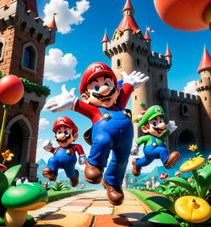 ((Cartoon-style image combined with Unreal Engine 5, rendered in ultra-high resolution with realistic details and textures.):1.3). | Cover of the game Super Mario World. | The cover shows (((Mario and Luigi))) in a dynamic pose, running and jumping in a colorful and vibrant setting. In the background, there is a medieval-style castle, with red and yellow flags flying high. The sky is clear blue, with round white clouds scattered across it. Surrounding Mario and Luigi are several of the game's enemies, such as Goombas, Koopas, and Piranha Plants, adding an element of danger and adventure to the scene. | The lighting is bright and colorful, highlighting the details of the characters and the setting. The composition is balanced and dynamic, with Mario and Luigi at the center of the scene, while enemies and the castle extend to the sides. | An exciting and fun scene, capturing the essence of the Super Mario World game. | ((perfect anatomy, perfect body)), ((more_than_one_pose, perfect_pose)), ((perfect fingers, better hands, perfect hands, perfect legs, perfect feet)), ((perfect design)), ((correct errors): 1.2), ((perfect composition)), ((very detailed scene, very detailed background, correct imperfections, perfect layout):1.2), ((More Detail, Enhance)),Perfect Hands