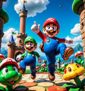 ((Cartoon-style image combined with Unreal Engine 5, rendered in ultra-high resolution with realistic details and textures.):1.3). | Cover of the game Super Mario World. | The cover shows Mario and Luigi in a dynamic pose, running and jumping in a colorful and vibrant setting. In the background, there is a medieval-style castle, with red and yellow flags flying high. The sky is clear blue, with round white clouds scattered across it. Surrounding Mario and Luigi are several of the game's enemies, such as Goombas, Koopas, and Piranha Plants, adding an element of danger and adventure to the scene. | The lighting is bright and colorful, highlighting the details of the characters and the setting. The composition is balanced and dynamic, with Mario and Luigi at the center of the scene, while enemies and the castle extend to the sides. | An exciting and fun scene, capturing the essence of the Super Mario World game. | ((perfect anatomy, perfect body)), ((more_than_one_pose, perfect_pose)), ((perfect fingers, better hands, perfect hands, perfect legs, perfect feet)), ((perfect design)), ((correct errors): 1.2), ((perfect composition)), ((very detailed scene, very detailed background, correct imperfections, perfect layout):1.2), ((More Detail, Enhance)),Perfect Hands