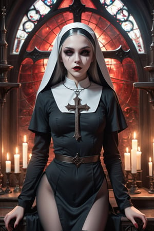 a beautiful  girl, nun, (anthropomorphic:0.8), cosmic horror, black scales, small horns, straight horns, black makeup, detailed background, vintage style room, gothic, cross, altar, blood cathedral, magic spirit in the air, 1girl, delicate and smooth skin, blush, perfect body, thighs, highly detailed, glossy lips,         concept art, realistic,   expressiveh,      nun, see-through, sh33rnun