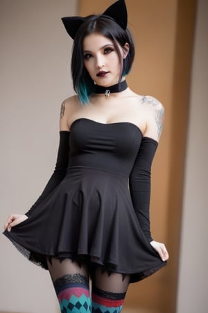 a woman in short black and white dress and gothic tights, 1girl,  solo, tattoo,  black hair, multicolored hair, thighhighs, two-tone hair, sharp focus, perfect hands, perfect light