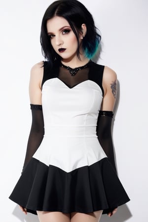 a woman in short black and white dress and gothic , 1girl,  solo, tattoo,  black hair, multicolored hair, thighhighs, two-tone hair, sharp focus, perfect hands, perfect light
