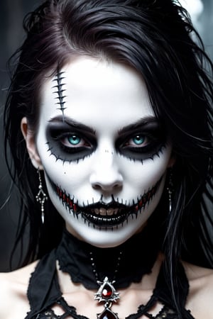 style,gothic, darkwave, darksynth,(dark fantasy), a (portrait) of a beautiful undead woman, closeup on her face, hungry eyes, pretty mouth, sharp teeth, in the style of Stefan Gesel