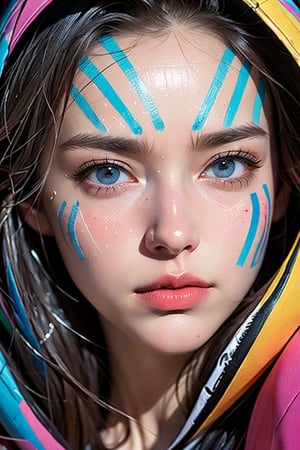 a painting of a girl with bright colors on her face, in the style of complex lines, detailed anatomy, martin ansin, colorful figures, trapped emotions depicted, picassoesque, figuration libre