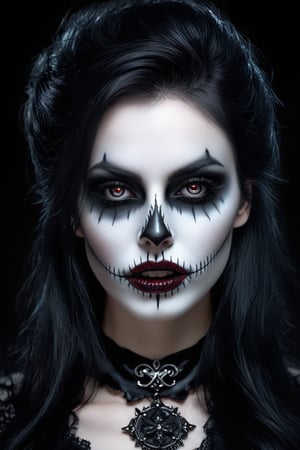 style,gothic, darkwave, darksynth,(dark fantasy), a (portrait) of a beautiful undead woman, closeup on her face, hungry eyes, pretty mouth, sharp teeth, in the style of Stefan Gesel,Extremely Realistic,xxmixgirl