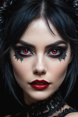 style,gothic, darkwave, darksynth,(dark fantasy), a (portrait) of a beautiful undead woman, closeup on her face, hungry eyes, pretty mouth, sharp teeth, in the style of Stefan Gesell