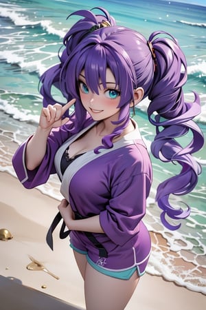1girl, solo, traditional media, oil painting, fighting stance, from above, purple hair, (aqua eyes)+, smile, curly hair, twintails, robe, shorts, beach