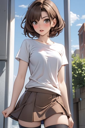 Short Brown hair Girl with a t shirt, skirt and thigh highs, and Brown eyes