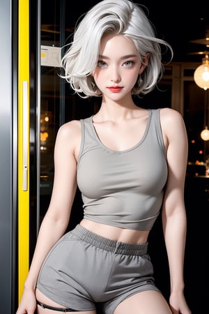 highly detailed. realistic anime.
city. night.
looking at viewer. pov.
white hair. short hair. messy hair.
beautiful face. perfect face. white skin. yellow eyes. perfect eyes. beautiful eyes. expressive eyes. lipstick. woman. elder. blushing. happy smile.
perfect breasts. thick hip. wide hip. long legs. very tall.
gray cami top. gray tank top.
sports shorts. black shorts.