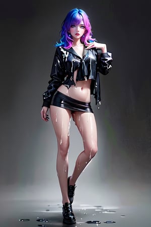 Young woman, hair made of colorful neon, slender body,full body shot, flat belly, ((wet skin)), (rain), black backdrop background, dynamic portrait, hyperrealism, 8k, absurdres, masterpiece, highly detailed RAW color art, rotting skin, wearing a tattered and torn school uniform, sign in the background with text "stingAI" 