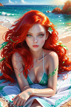 a woman sitting on a towel in the water, inspired by Ross Tran, with red hair and green eyes, on a sunny beach, beautiful avatar pictures, highdetailed, 