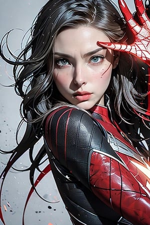 midshot, (cel-shading style:1.3), centered image, ultra detailed illustration of Scarlet Witch from Marvel, posing, (tetradic colors), inkpunk, (ink lines:1.1), strong outlines, art by MSchiffer, bold traces, unframed, high contrast, (cel-shaded:1.1), vector, 32k resolution, best quality, flat colors, flat lights 