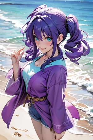 1girl, solo, traditional media, oil painting, fighting stance, from above, purple hair, (aqua eyes)+, smile, curly hair, twintails, robe, shorts, beach