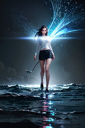 A sexy tight skirt girl walking on water in a storm, masterpiece, best quality, high quality, extremely detailed CG unit 8k wallpaper, award winning photography, bokeh, depth of field, HDR, flood, chromatic aberration, realistic, very detailed, popular on artstation, popular on CGsociety, complex, high detail, dramatic, art on the go, volumetric lighting
