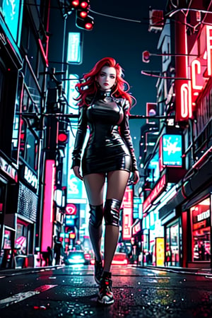 Digital art, Cyberpunk-style full-body portrait, Woman with detailed blue eyes, Wavy bright red hair, Smiling, Futuristic neon backdrop, Vibrant lights, Glowing cityscape, Urban setting, Techno atmosphere, Urban coolness, Modern aesthetic, High-tech vibe, Colorful, Stylish, Sci-fi feel.