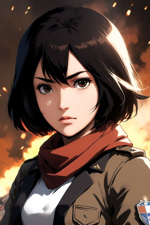 score_9, score_8_up, score_7_up, i want the whole image to be created in 3D anime style, 1girl, solo, looking at viewer, short hair, bangs, shirt, black hair, hair between eyes, brown eyes, closed mouth, jacket, white shirt, upper body, artist name, scarf, open jacket, lips, wind, portrait, red scarf, brown jacket, nose, emblem, paradis military uniform, embers, survey corps (emblem), mikasa ackerman