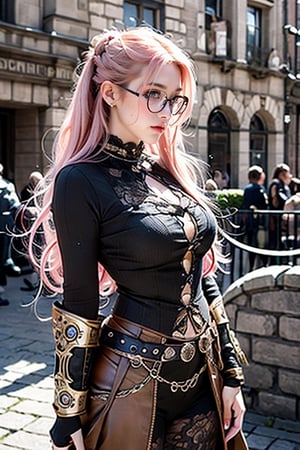 Beautiful woman posing by a tower. with freckles and glasses and long pink hair braided, warrior. steampunk.