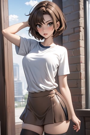 Short Brown hair Girl with a t shirt, skirt and thigh highs, and Brown eyes