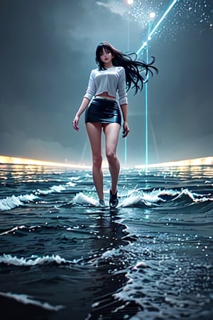 A sexy tight skirt girl walking on water in a storm, masterpiece, best quality, high quality, extremely detailed CG unit 8k wallpaper, award winning photography, bokeh, depth of field, HDR, flood, chromatic aberration, realistic, very detailed, popular on artstation, popular on CGsociety, complex, high detail, dramatic, art on the go, volumetric lighting