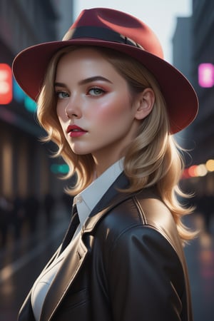 Neo-Noir Detective Girl, American Realism Style, colorful, plain white background