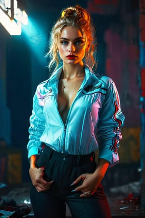 (russian girl,beautiful detailed eyes, detailed face,beautiful detailed lips,modern gangster look,stylish clothes,full body, front view , medium chest,messy hairstyle ,,(best quality,8k,ultra-realistic:1.2), (colorful,vibrant,high contrast) lighting)