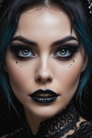 style,gothic, darkwave, darksynth,(dark fantasy), a (portrait) of a beautiful undead woman, closeup on her face, hungry eyes, pretty mouth, sharp teeth, in the style of Stefan Gesell