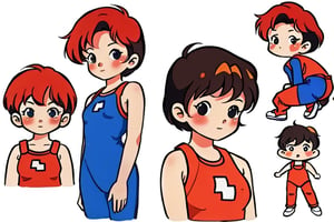 (best quality), masterpiece,  chibi avatar,1980s \(style\), girl,red short hair, character sheet, model sheet, multiple views of the same character, swinsuit