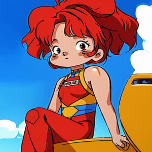(best quality), masterpiece,  chibi avatar,1990s \(style\), girl,red short hair, swinsuit