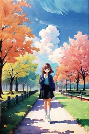  girl in a park,watercolor,80s,cloudstick