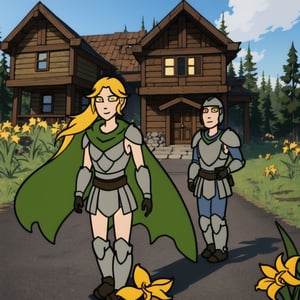 
two people in front a house, in the gardeN, looking to the camera,
1girl,1boy,

medieval house, fantasy house,angeldust style,  grass,down to top

angeldust style, angeldust_style,  angeldust landscape, screenshot,

angeldust fitgher, angeldust_fitgher, angeldust style, angeldust_style,
armor suit, detailed armor, knight, knight armor, silver plate suit, plate armor, medieval armor, man,


woman, Angeldust_Scout, boots, gloves, solo, green cape, green gloves, angeldust_scout, full body, soft smile, brown dress, closed mouth, yellow eyes, blonde hair, point tail, Angeldust_Scout
woman, , Portrait, ((yellow eyes)), ((yellow iris))