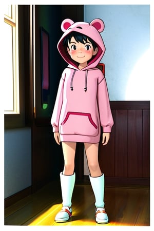 traveller indian girl, wearing blush red colour hoodies, 3D Comic,full body visible , Disney comic style, indoor photography , White background , f1.4, 3D, character, looking at the camera , smiling, highly detailed, 32K, Sony Alpha