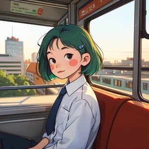 (best quality),masterpiece,girl, ,SAM YANG,STICKERS ,chibi avatar, headhoes, bus, sitting  the bus, window,city,sunset,{{ green hair}}, hair clip, short hair, shoulder hair,  bust shot, red eyes, highlight o eyes, colored hair, small nose, rose cheeks, expressive eyebrowns, formal shirt, tie, city pass the window,looking at window,side view face, white formal shirt, blue tie, red seat, completely peacefull, soft smile