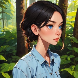(best quality),masterpiece,girl, ,SAM YANG,a portrait photo of a skinny, slim German woman with light blue eyes and short black hair in front full body view, head complete on photo, textured skin, in background forest,chibi avatar