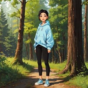 (best quality),masterpiece,girl, ,SAM YANG,a portrait photo of a skinny, slim German woman with light blue eyes and short black hair in front full body view, head complete on photo, textured skin, in background forest,chibi avatar