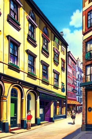 detailed pen and ink illustration of a building in NYC, by Herge, in the style of tin-tin comics, vibrant colors, detailed, lots of people, sunny day, busy neighborhood