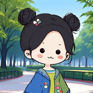 chibi avatar,cutestickers, girl in a park,shoulder black hair, center head 1 hair bun ,:3, short,