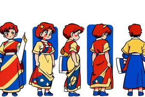 (best quality), masterpiece, European and American cartoons, original character design, hand-drawn drafts, chibi avatar,1990s \(style\),portrait girl, gold clothes, red short hair, character sheet, model sheet, multiple views of the same character, 