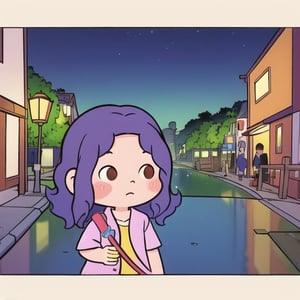 8k photo portrait of a stunning woman with violet hair in a pastel raincoat, looking at the camera, at a bustling crosswalk at night, wet reflections, Highly Detailed, studio ghibli, akira toriyama, james gilleard, genshin impact, trending pixiv fanbox, acrylic palette knife, 4k, vibrant colors