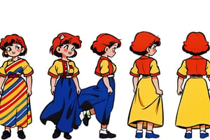 (best quality), masterpiece, European and American cartoons, original character design, hand-drawn drafts, chibi avatar,1990s \(style\), girl, gold clothes, red short hair, character sheet, model sheet, multiple views of the same character, 