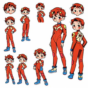 (best quality), masterpiece,  chibi avatar,1990s \(style\), girl,red short hair, character sheet, model sheet, multiple views of the same character, swinsuit