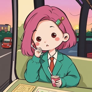 (best quality),masterpiece,girl, ,SAM YANG,STICKERS ,chibi avatar, headhoes, bus, sitting  the bus, window,city,sunset, green hair, hair clip, short hair, shoulder hair,  bust shot, red eyes, highlight o eyes, colored hair, small nose, pink cheeks, expressive eyebrowns, formal shirt, tie, city pass the window